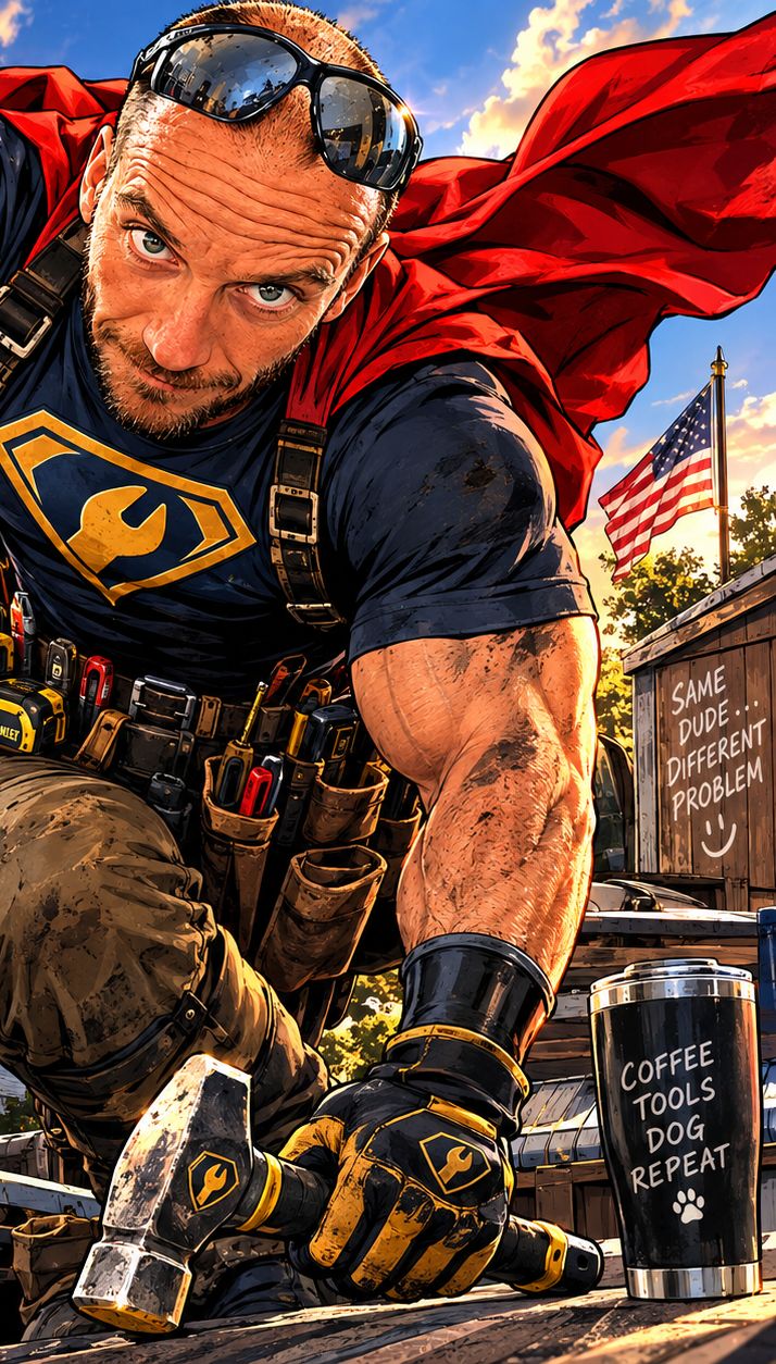 Comic-style illustration of John Rausch as the HandyHero with cape, tool belt and hammer